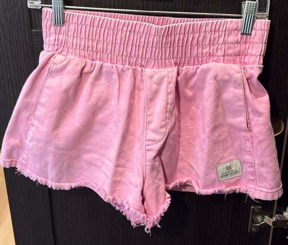 BDG Urban Outfitters Pink High-Waisted Raw Hem Denim Smocked Boxer Shorts